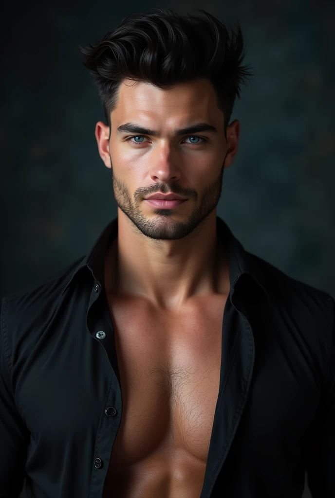 A muscular young man with a dominant look, BIG BLUE eyes, black wavy hair, no beard or mustache, with very very white skin with an open black shirt with a dark background 