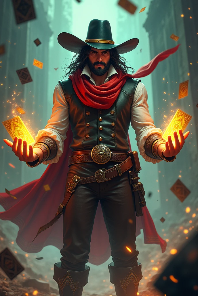 Hector stands at 1.75 meters, his presence commanding the scene with a rugged charisma honed by countless adventures. His long, dark hair, streaked with a bold line of white, frames a face marked by determination and youthful vigor. A well-groomed beard, peppered with hints of white, adds a touch of maturity without dimming his vitality. His deep brown eyes, sharp and reflective, burn with a quiet resolve that speaks of the trials he's faced.
In this dramatic and epic moment, Hector is enveloped in a dynamic, chaotic environment where the forces of luck, chance, and randomness swirl around him. His red scarf, adorned with intricate golden patterns, flows dramatically around his neck, complementing his white dress shirt and sleek black vest. The brown pants he wears are cinched by a belt adorned with a stone, and his silver-spurred boots clink softly as he moves with purpose. A black cowboy hat, accented with a yellow band, crowns his head, adding to his enigmatic aura.
In his hands, Hector holds two decks of cards—one glowing yellow, the other green—each pulsing with powerful magic. The air around him crackles with energy as dice, cards, and symbols of fortune fly in a whirlwind, blending Western and medieval elements. The atmosphere is charged with intensity, dark and moody colors contrasting with neon highlights. An ethereal light casts a shadow over Hector, emphasizing his power and the gravity of the moment.
Hector's expression is one of unwavering confidence and focus, capturing the instant when he unleashes his 'domain expansion,' a moment where his full power is revealed. The chaotic environment reflects the very essence of his abilities, where luck, fate, and skill intertwine. Deeply loyal to his allies and fiercely protective of his family, Hector stands as a beacon of hope and strength in this chaotic, fantasy RPG world.