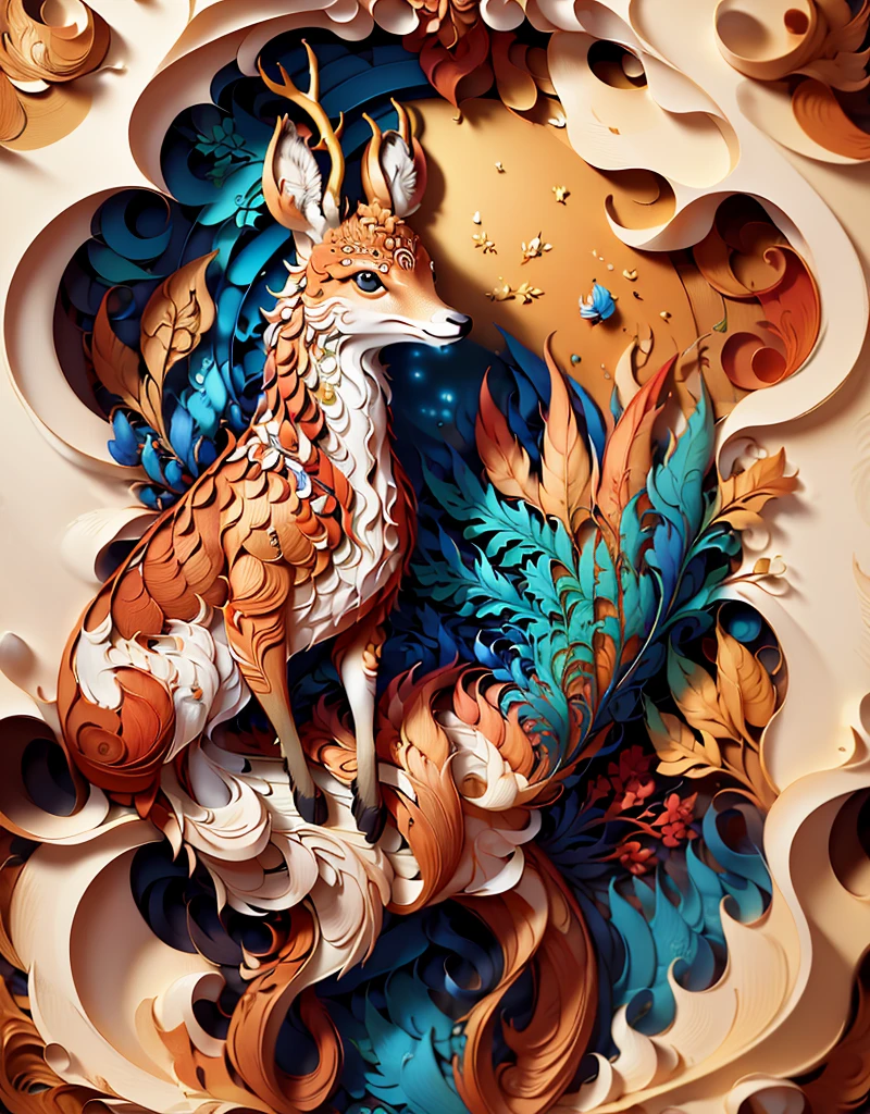(((tmasterpiece))),Best quality at best, illustratio, Detailed intricate pattern of quilled paper, Vibrant oil painting, a deer.
