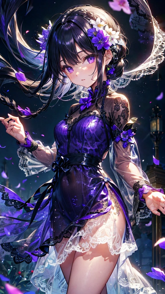 (Shiny purple long sleeve dress、)(((Flared flower lace see-through)))、black braids、(Hair tied back)、White Beauty