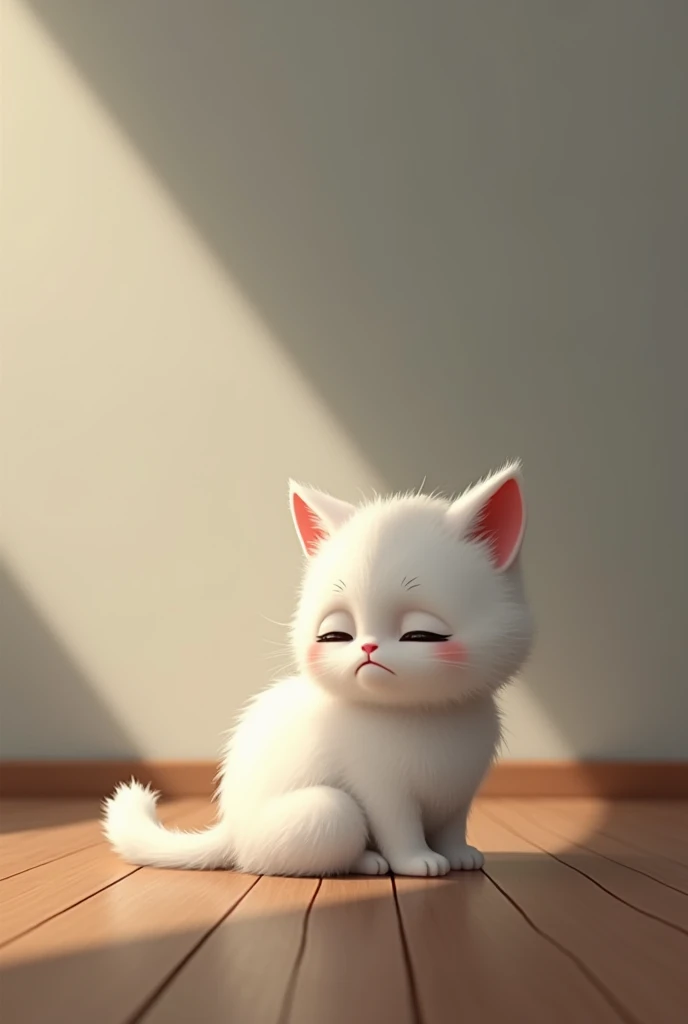A beautiful white small cat moping  floor sadly. 