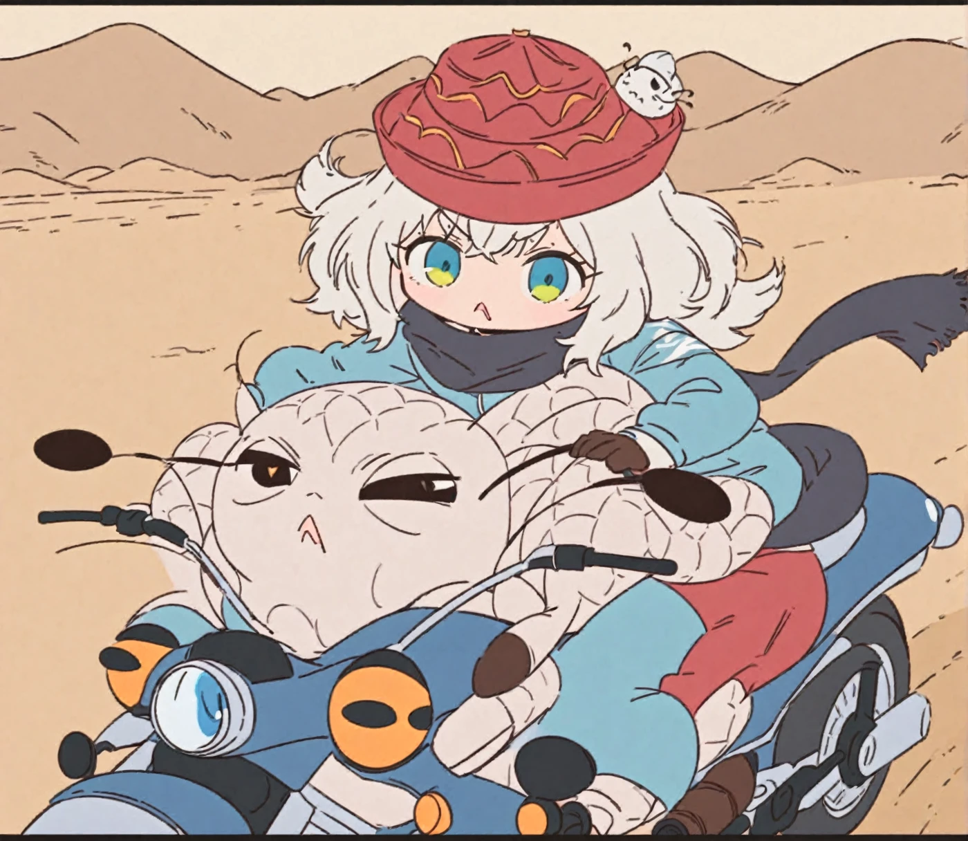 White Pangolins Shag Beetle, Circle Eye, Zig zag Mouth, Fez Hat, flat color, solid color, blue tracksuit, Black scarf, looking at viewer, riding on motorcycle, Desert, Style of Mutafukaz