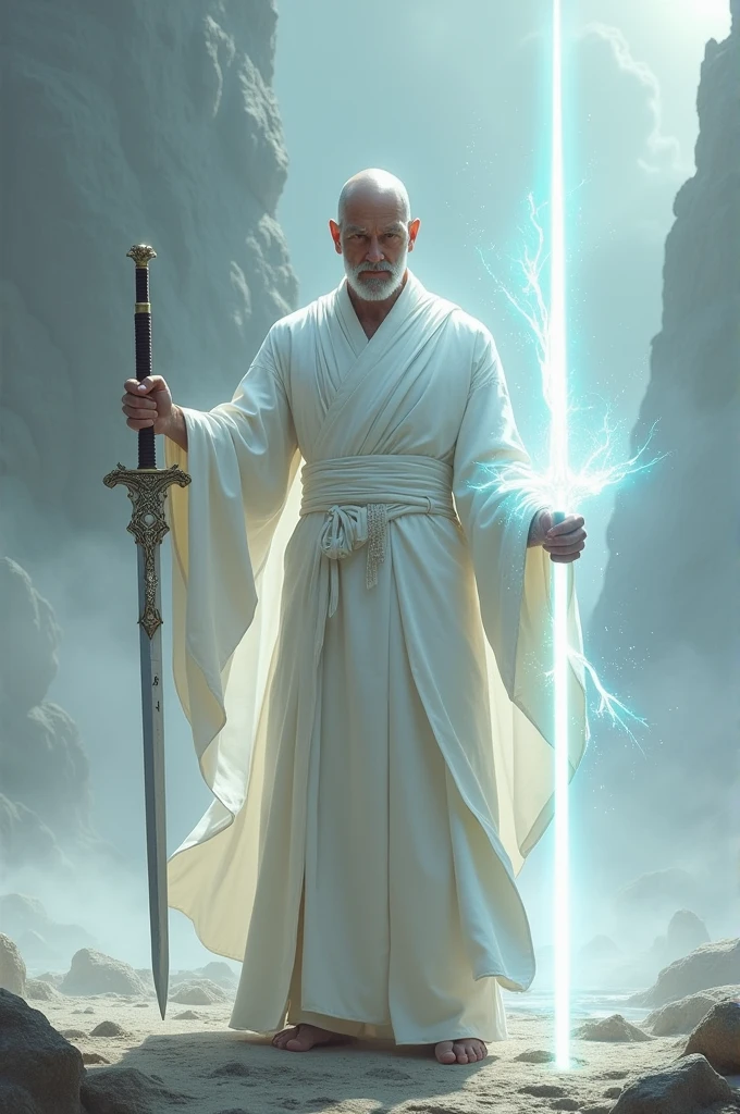 White monk warrior with sword made of light