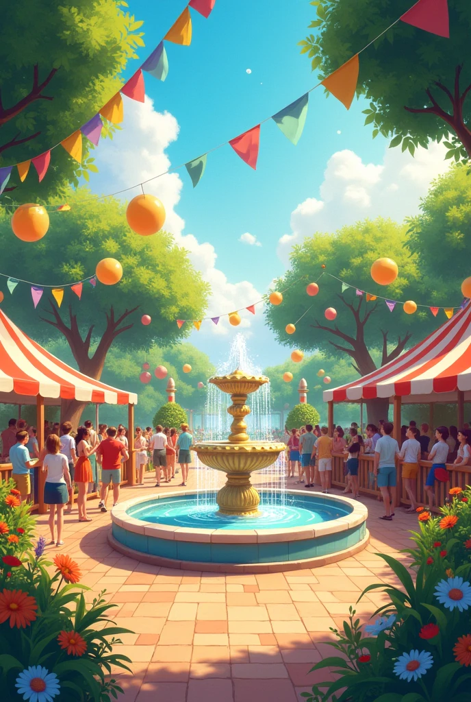 "&#39;Come celebrate with us!&#39; – Summer Party 2024. date: September 10th. Local: Central Garden. styled: festive and cheerful fountain, background with summer elements."