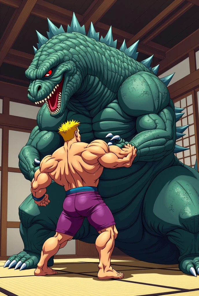 An anime image of johny Bravo putting a guillotine choke on godzilla in a Grappling match