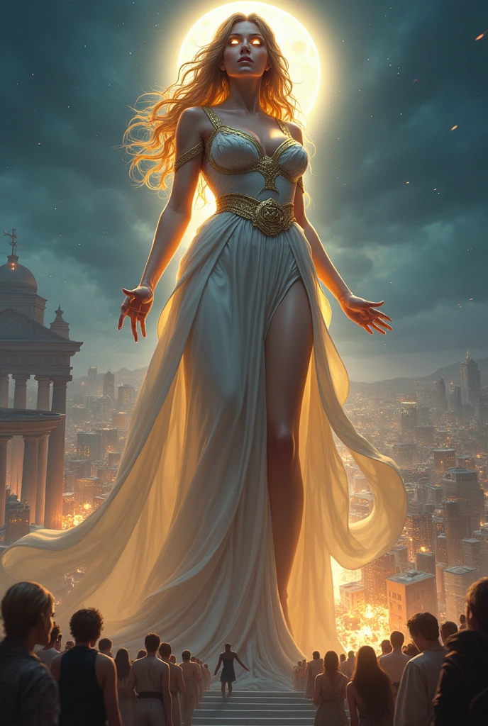 Create a giant woman, goddess, cleavage, thigh, elegant white golden gown, standing on greek city, people below looking up at her, diving powers, glowing eyes, night time