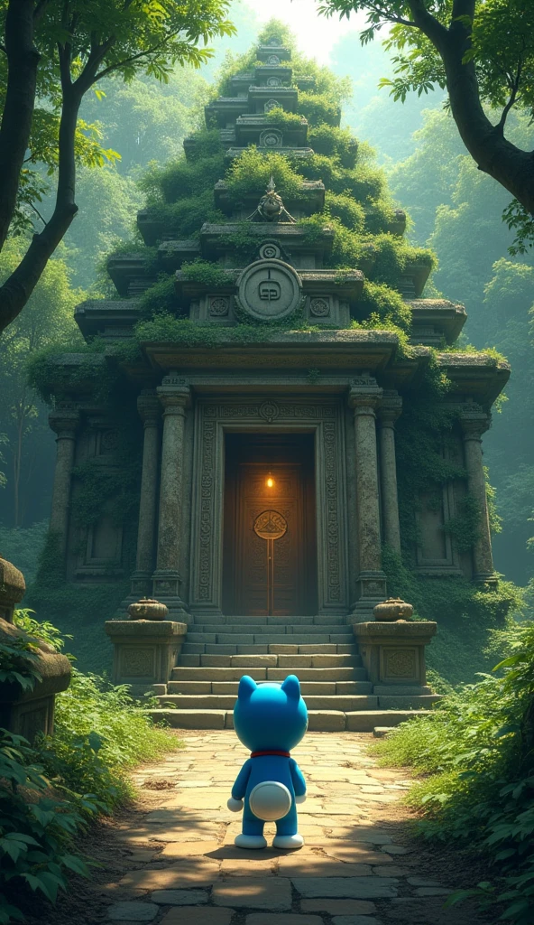 Doraemon stands in front of an ancient temple hidden deep in the forest., covered with vines and moss. Temple doors carved with ancient symbols, looks mysterious and challenging. The faint light from outside shone into the temple., create a mysterious space.straight angle 