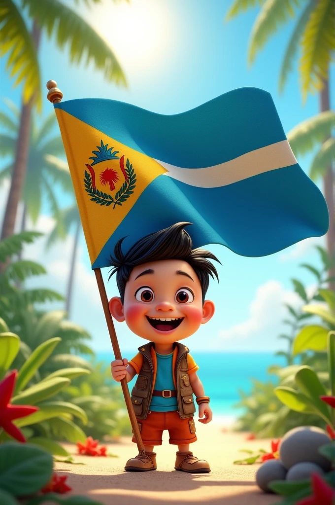 Create a pixar type character of a boy holding a flag of the republic of palau