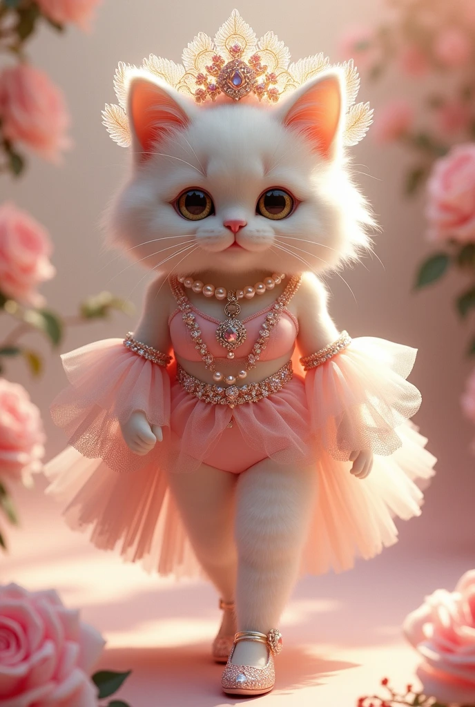 Spirit style：The anthropomorphic Persian cat has gentle and deep eyes，His manners reveal aristocratic elegance and calmness，Walk the catwalk，Like a princess in a fairy tale，Waiting for the prince to come。


clothing：Persian cat in delicate silk lingerie with lace，The color is mainly light pink or white，Showing an atmosphere of luxury and romance。The underwear is embroidered with exquisite floral patterns，Show noble temperament。

shoe：A pair of pink high heels，The upper is inlaid with tiny pearls and crystals，Complements the gorgeousness of underwear。

hat：A large lace headdress，Covering the head，Like the fluffy hair of a Persian cat，Adds a bit of softness and fantasy。

Accessories：A pearl necklace and gemstone pendant are worn around the neck，On the wrist is a delicate silk bracelet，Small pearl earrings hanging from her ears，Everywhere exudes charming light。

Spirit style：The anthropomorphic Persian cat has gentle and deep eyes，His manners reveal aristocratic elegance and calmness，Like a princess in a fairy tale，Waiting for the prince to come。

Enhance image quality：The picture is soft and warm，The color transition is natural，It creates a fantastic atmosphere。

high resolution：Ensure every detail is presented perfectly，Let the audience feel the luxury and exquisiteness。

Wallpaper：The picture composition is warm and romantic，Suitable as wallpaper for bedroom or living room，Add a touch of softness and warmth。

Reality：Through delicate material performance and light and shadow effects，Make the anthropomorphic Persian cat image more lifelike，As if I could feel the softness and warmth。
