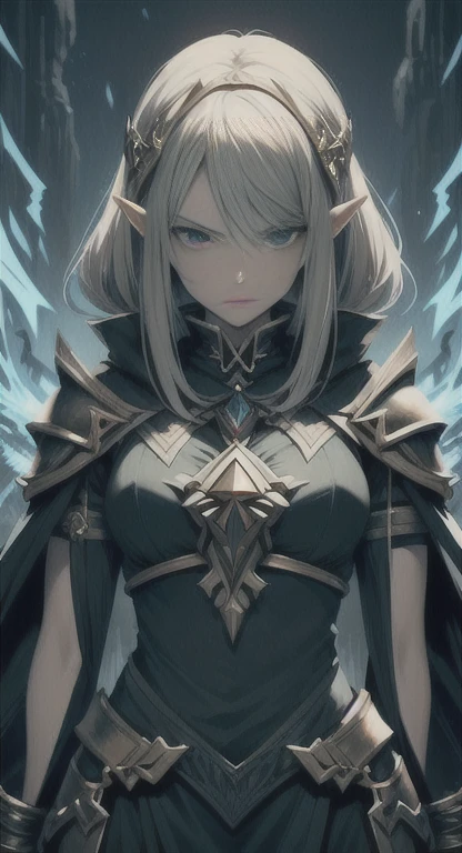 Masterpiece, best quality, mythical, Alluring Hylian, Black flame sorceress, Hyrule, legendary Triforce, armor, looking at viewer pissed, judgemental glare,