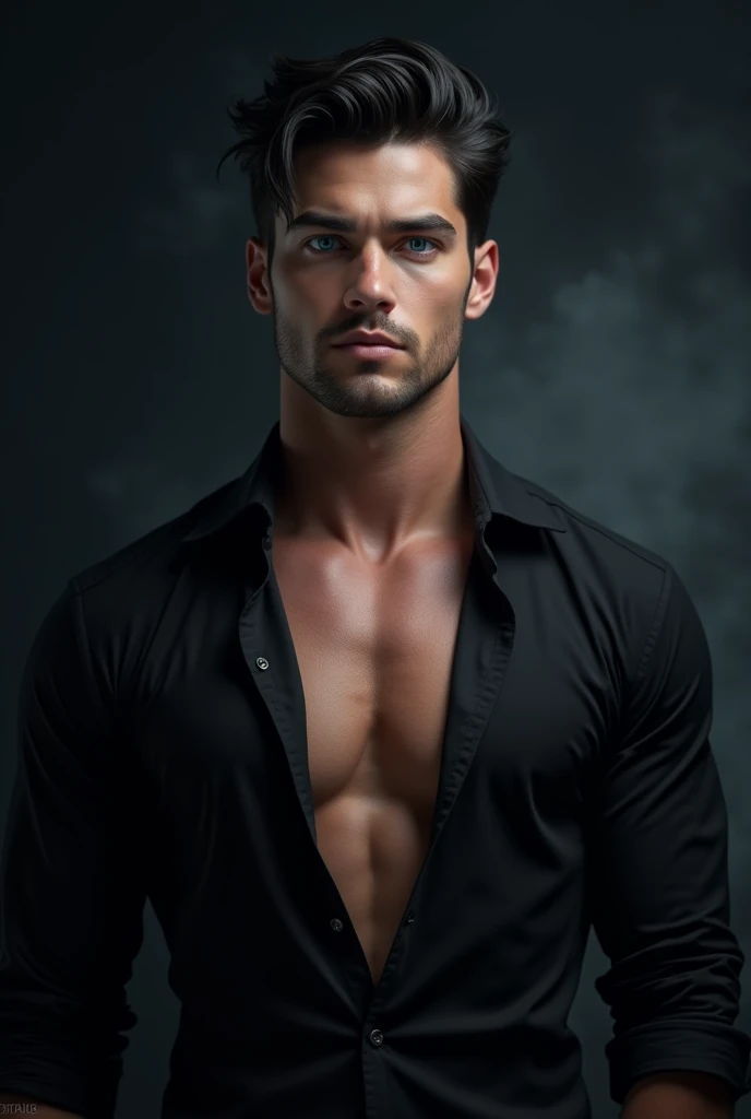 A muscular young man with a dominant look, BIG BLUE eyes, black wavy hair, no facial hair, with very very white skin with an open black shirt with a dark background