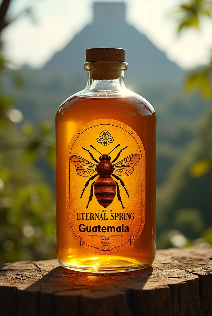 label with floating bee design or honeycomb panel, Mayan city tikal, Something representative of the Mayans in Guatemala, put it with letters  "Honey of eternal spring" Origin "guatemala", Just add the honey mark to what you just generated
