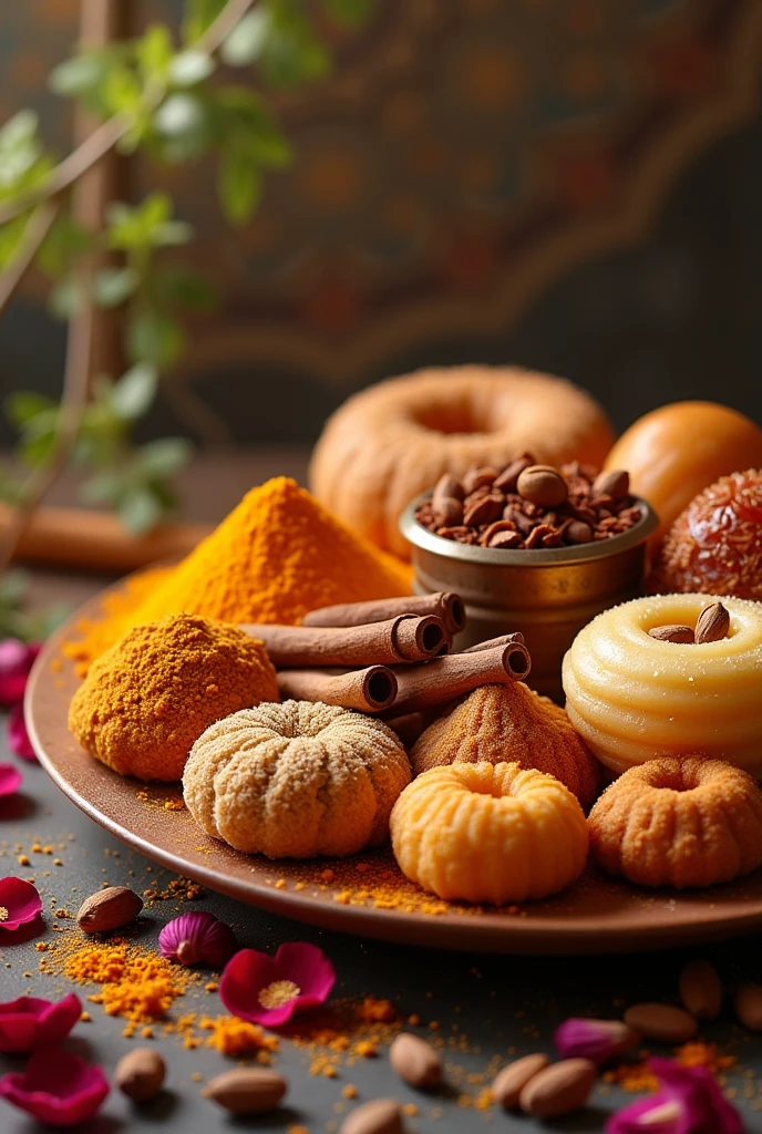 Traditional spices with indian traditional sweets 