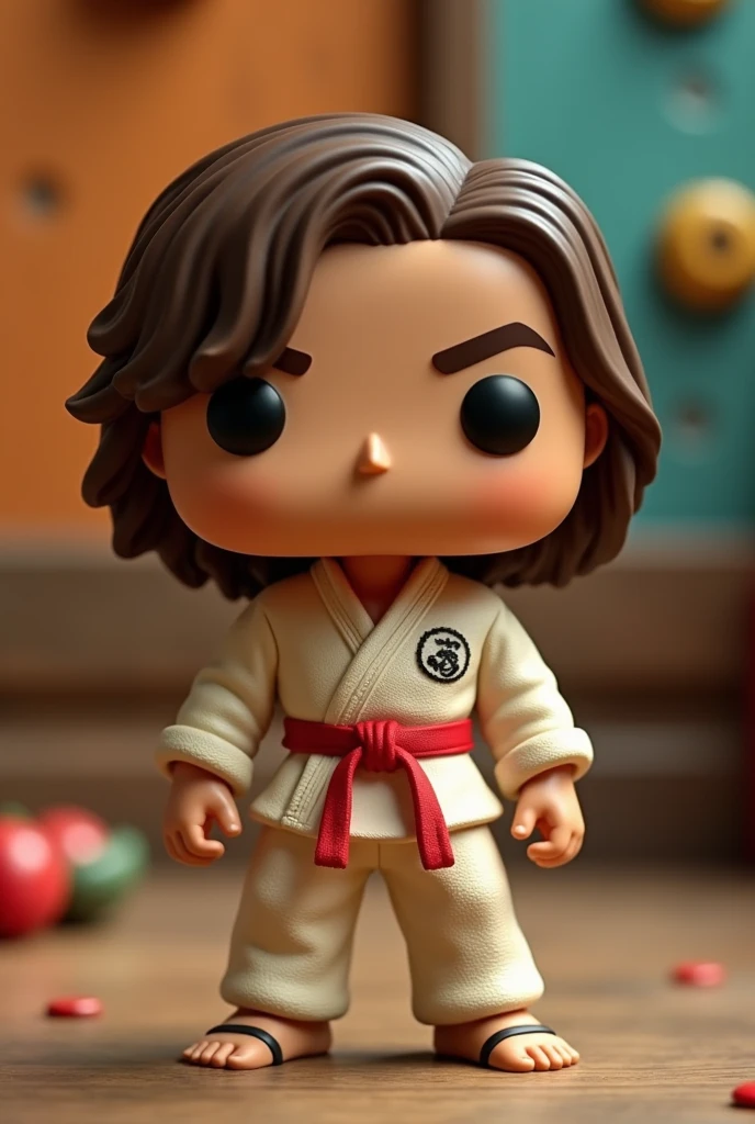 Generate an image of Devon Lee, the passionate and loyal member of Cobra Kai, in Funko Pop style. The image should show Devon in his signature Cobra Kai karate outfit., with his red belt and his intense gaze. Your hair should be not so wavy chestnut or chocolate brown, They have to be the length of your shoulder and your hair., Not too short. The image must have a colorful and vibrant background, with details like buttons and textures reminiscent of Funko Pop figures. Devon&#39;s facial expression should be serious and determined., as if ready to take action in the dojo or in real life.