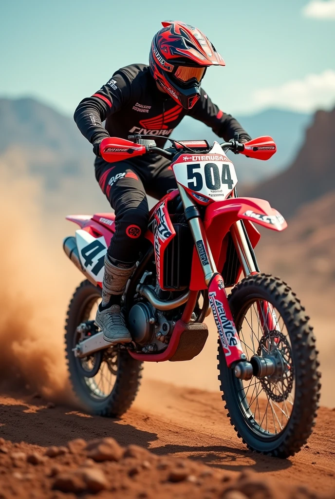 Make me a Honda Crf 250 motorcycle, on an enduro or motocross track, and that on the mask it says "PINEDA". And in the number say "+504HN"