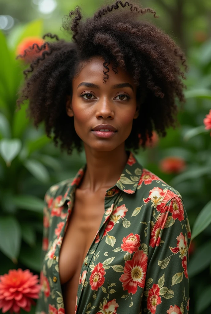 A Brazilian woman in a lush tropical garden, wearing an open shirt with a floral print, with a close-up capturing the harmonious beauty between her breasts and the natural flowers, showing off your natural charm and outgoing personality.