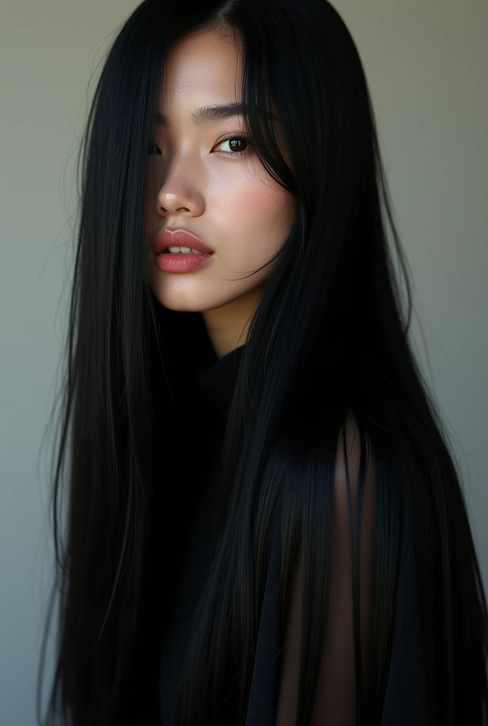 Long straight hair all black