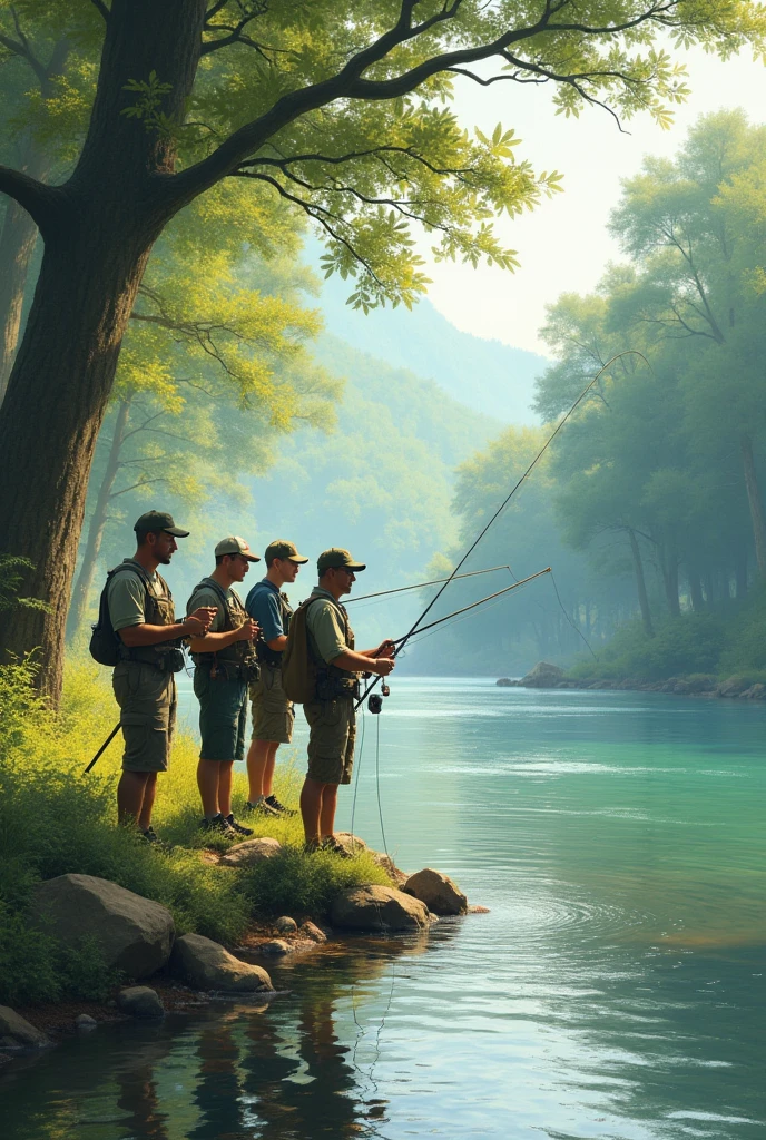 ((master piece, best quality, high detailed)), A group of friends fishing in a river, 4mans