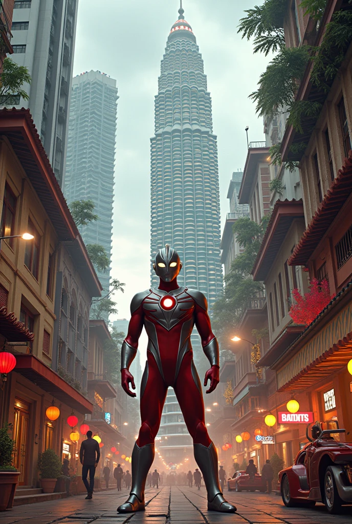 Kuala Lumpur with africa vibe , ultraman fighting behind the building 
