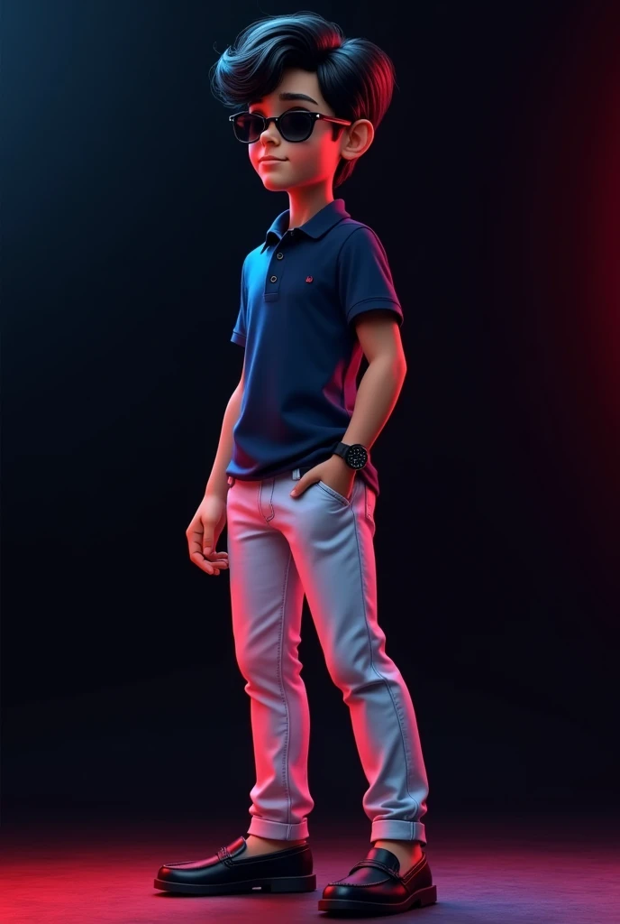 A tan boy with small muscles and black wave hair and navy blue polo t shirt, white long trousers, old watch, black loafers and black background red and blue light on it the boy turning right side and wereing a sunglass