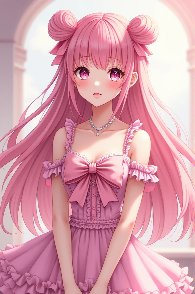 Anime girl with long pink hair with a big bow showing off pink dress and pink flat shoes with a bow