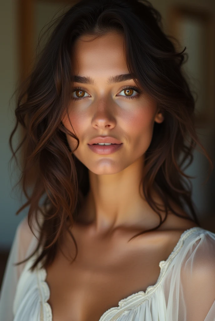 Beautiful brunette, who wears a belle robe (20 ans, visage Innocent, naturally wavy hair, brown eye), ((Selfie on the skin du corps)), head of&#39;artwork, best quality, ultra-detail