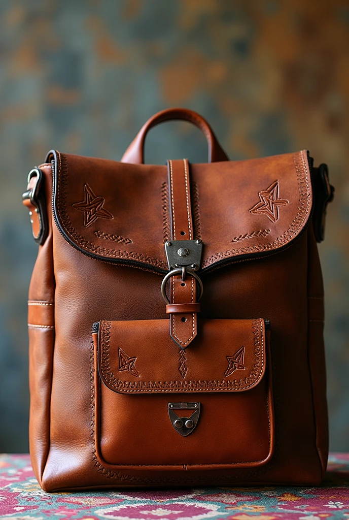 generate a bag made of leather, where the design is inspired by the Cuzco region of Peru