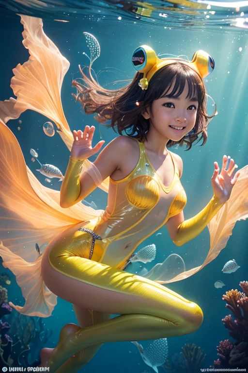 A sexy young 13-yr old Asian charming girl Full body detailed anatomy, perfect face details,((brown skin tone texture)) ( tomboyish hair cut styles), (( wearing illuminating a frog suit head band))(( wearing transparent illuminating frog suit costume sexy full body detailed anatomy )), wearing illuminating transparent two piece frog suit details on skin, wearing slimy frog suit like skin texture body, lifting up plump pussy , wavy short illuminating gold, pink, yellow & green gemstone hairstyles from the flow water, ((having frog suit instead of feet))( frog ears))(frog suit skin arms, torso, bottom, face, neck, shoulder & legs))((showing face near camera)) (accurate details of hands & fingers)) Exposed hard big errect nipples, open legs squat position, exposed pussy line, exposed panties, exposed pussyline, smiling with teeth exposed. Sparkling gray eyes, charms, face details & fucos skin tone texture, swimming under the atmosphere ocean wave creating air bubles with captivating different lighting effects around the background, showing corals, urchins, fish, turtle, whale, bubbles of air for accurate background masterpiece ((with illuminating transparent crystal gemstone frog suit like scales skin textured all over her body)) ((with gills))((holding illuminating a treasure trident)) full details of accessories and props))swimming with ocean current waves under the sea,( many different perspective view character profile, front view, side view, rear view, of same face & clothing girls posing angle))(( perfect details of frog suit body and weeb feet and arms anantomy))
