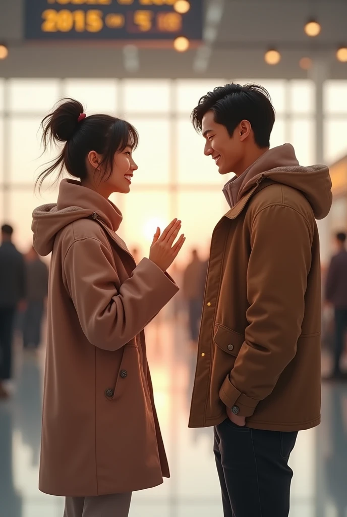 a close up of Tanned japanese beautiful tanned japanese woman, Her hair was in a ((messy loose bun up)) wearing warm winter outfit in soft colors, the woman waving high and smiling in paris airport to a man infront of her, the man is Tanned japanese handsome tall man wearing warm winter outfit in soft colors. standing face to face in about 10 meter distance. wide camera, full body shot, ultimate photorealistic