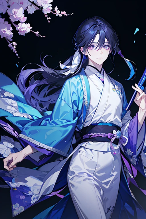 A white-skinned  hybrid, Blue-black hair and purple eyes with light blue touches and medium-long hair, a kimono, with a blushing face and a frown 