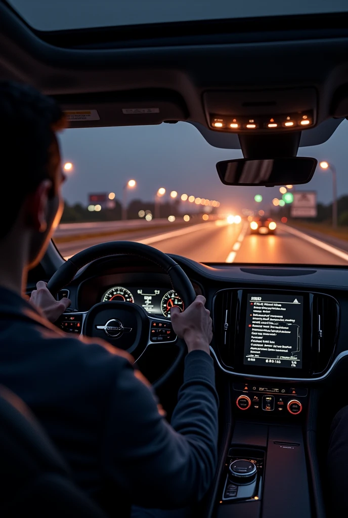the view of a driver inside a volvo on a highway at night
