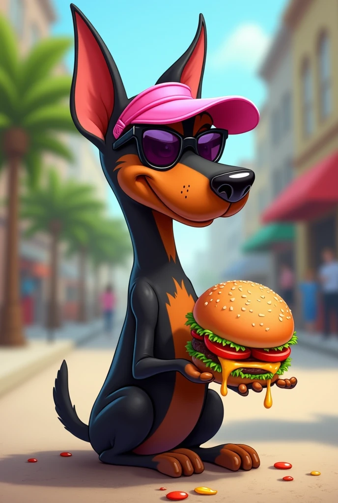 Create a cartoon of a female doberman dog with a pink visor and sunglasses eating a hamburger