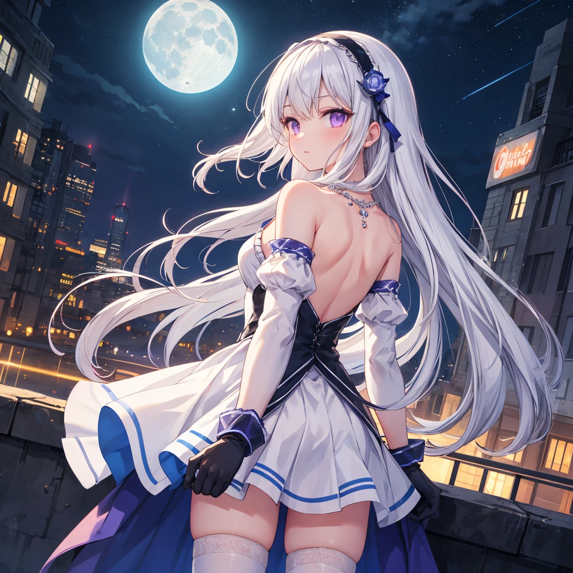 masterpiece, best quality, 1girl, solo, Airazor, white hair, long hair, purple eyes, looking at viewer, from back, hairband, hair ornament, necklace, white dress, bare shoulders, detached sleeves, gloves, thighhighs, standing, outdoors, cityscape, night, night sky, moon, neon city, lens flare, cowboy shot
