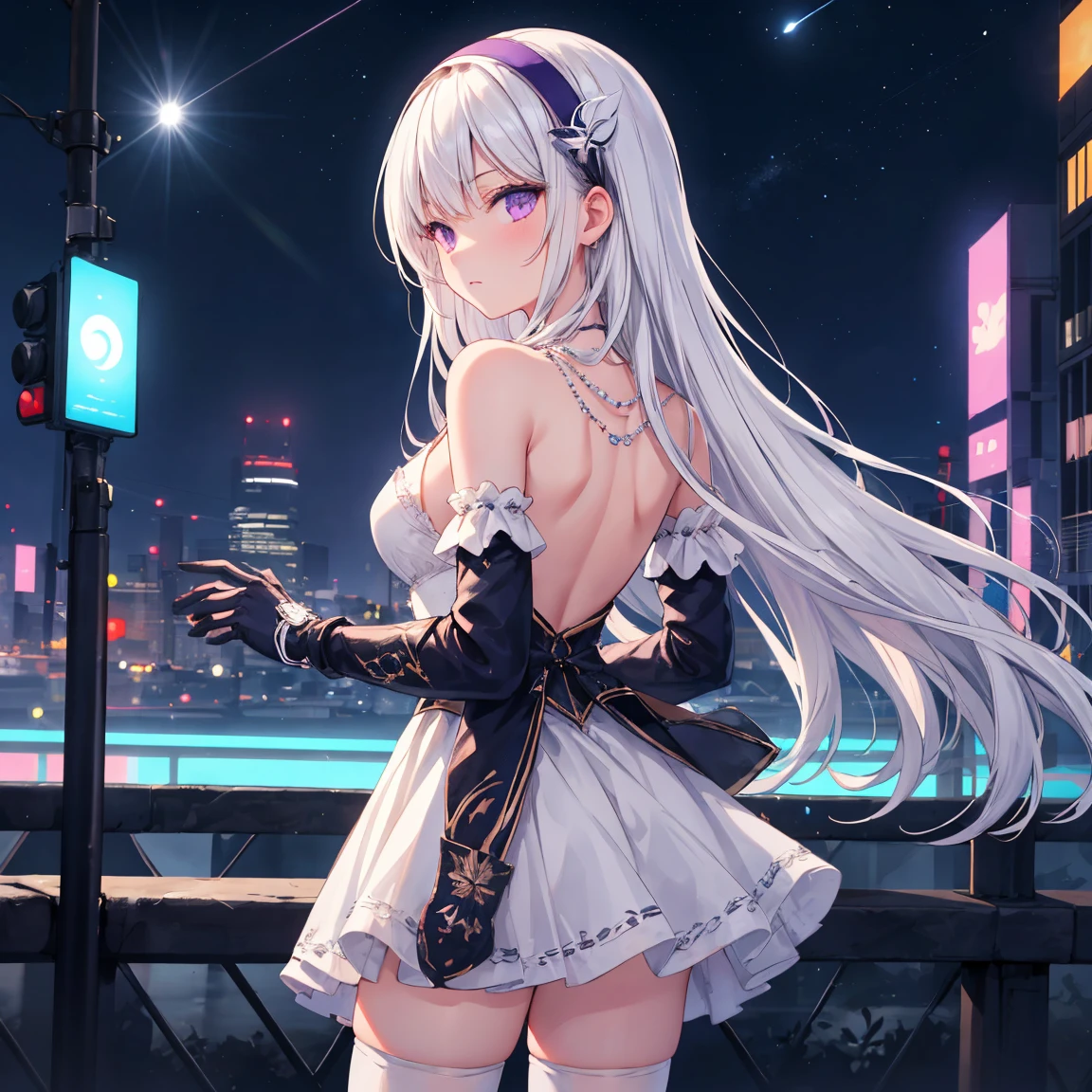 masterpiece, best quality, 1girl, solo, Airazor, white hair, long hair, purple eyes, looking at viewer, from back, hairband, hair ornament, necklace, white dress, bare shoulders, detached sleeves, gloves, thighhighs, standing, outdoors, cityscape, night, night sky, moon, neon city, lens flare, cowboy shot
