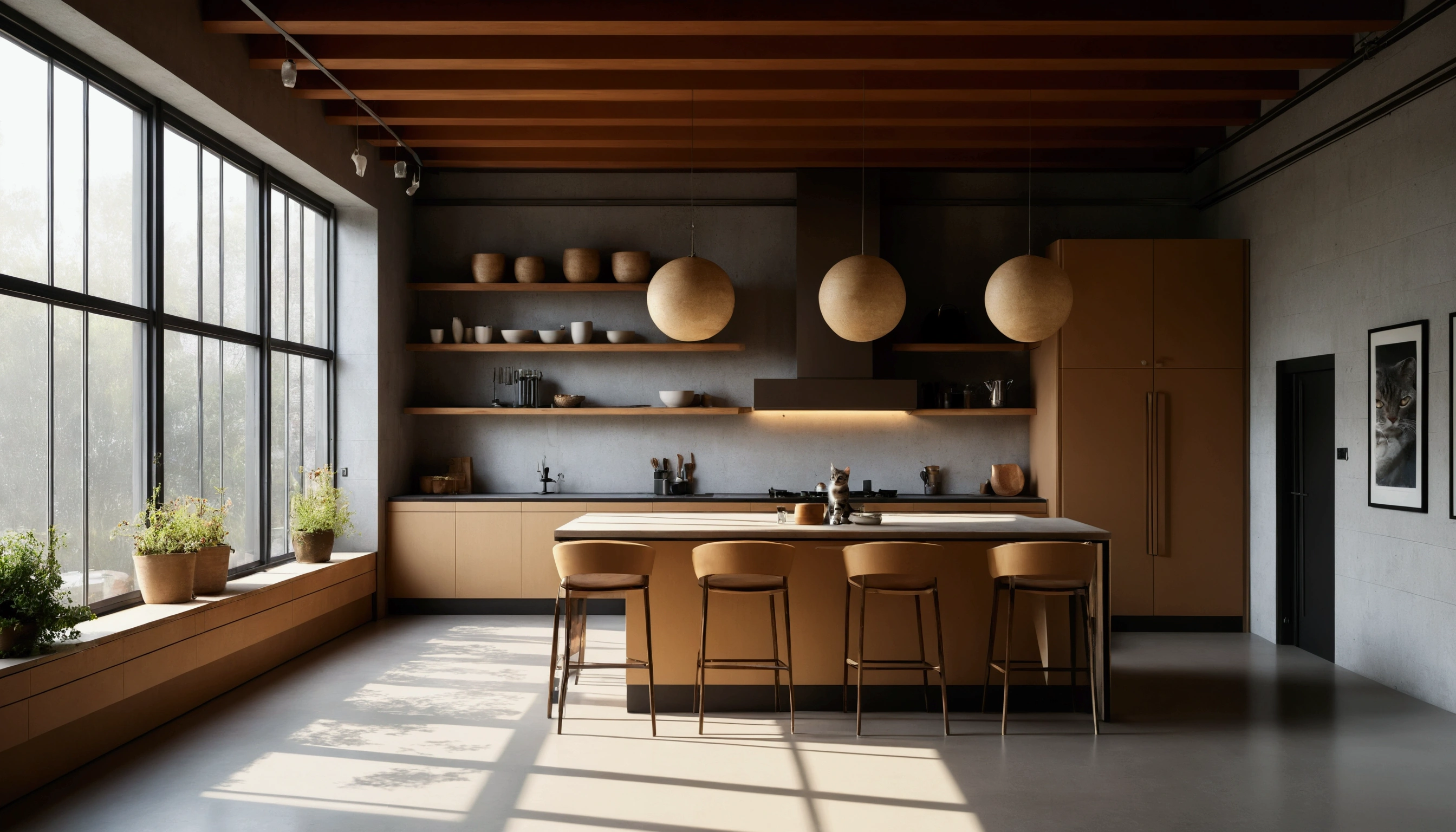 The American-style kitchen removes the wooden ceiling strips in the picture and adds an American shorthair cat looking out the window. The size of the kitchen is 400cm long, 250cm wide and 275cm high, with a 20mm lens.