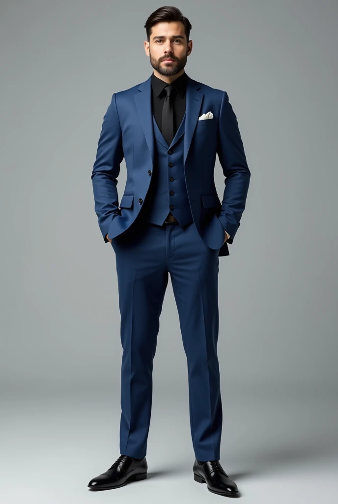 blue suit with black shirt and black tie