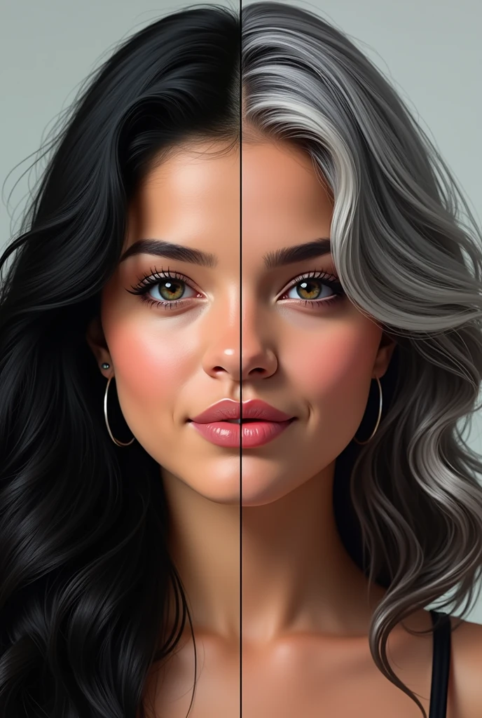 A beautifully contrasted portrait captures the evolution of Selena Gomez over the years: on the left, a vibrant black haired 25-year-old with lush black hair, and on the right, a striking older gray haired 50-year-old with gray hair. This digital artwork showcases the side profiles of both ages in a close-up layout, highlighting the differences and similarities between youth and maturity. The attention to detail is impeccable, from the fine lines on her face to the subtle changes in her expression. The overall effect is both poignant and visually stunning, making this piece a true work of art.