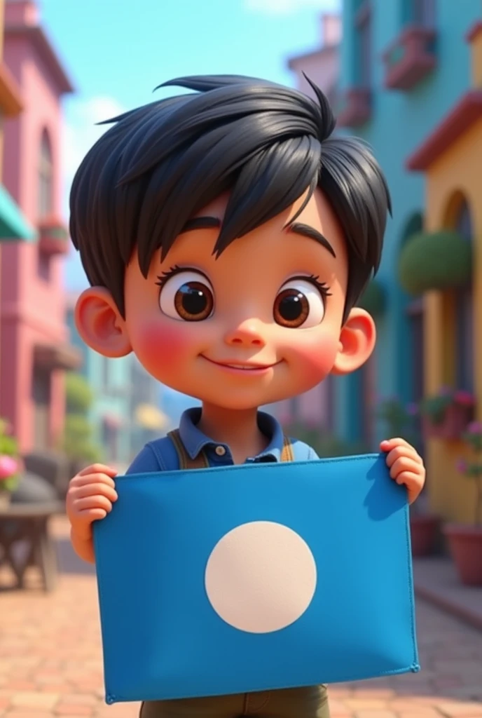 Create a pixar type character of a boy holding a flag of the republic of palau the blue flag with a circle in the middle