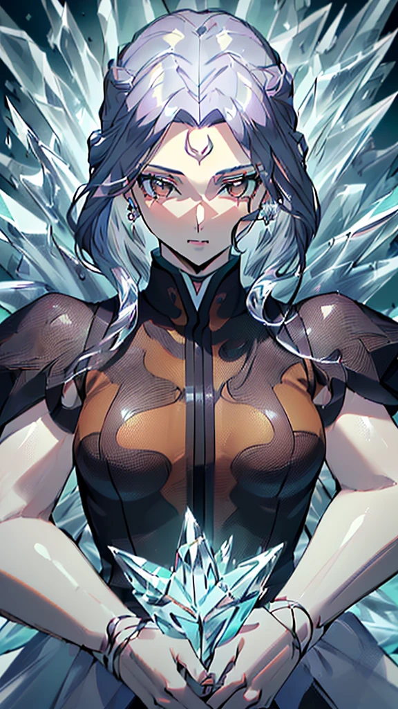 (((masterpiece, High resolution, accurate, Anatomically correct, most high quality, Very detailed, high quality, Ultra high definition:1.5))), Big Tits, Earrings, Sparkling eyes, moving line, Speed Line, mage,sexy pose,(((upper body,one woman,master of ice,氷の城 :1.5))),smile,Different world,another world