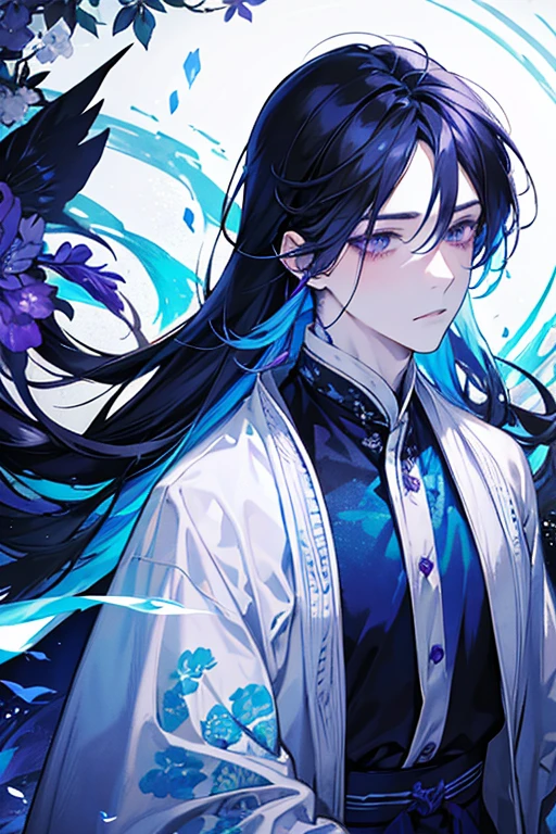 A white-skinned hybrid, Blue-black hair and purple eyes with light blue touches and medium-long hair, a kimono, with a blushing face and a frown