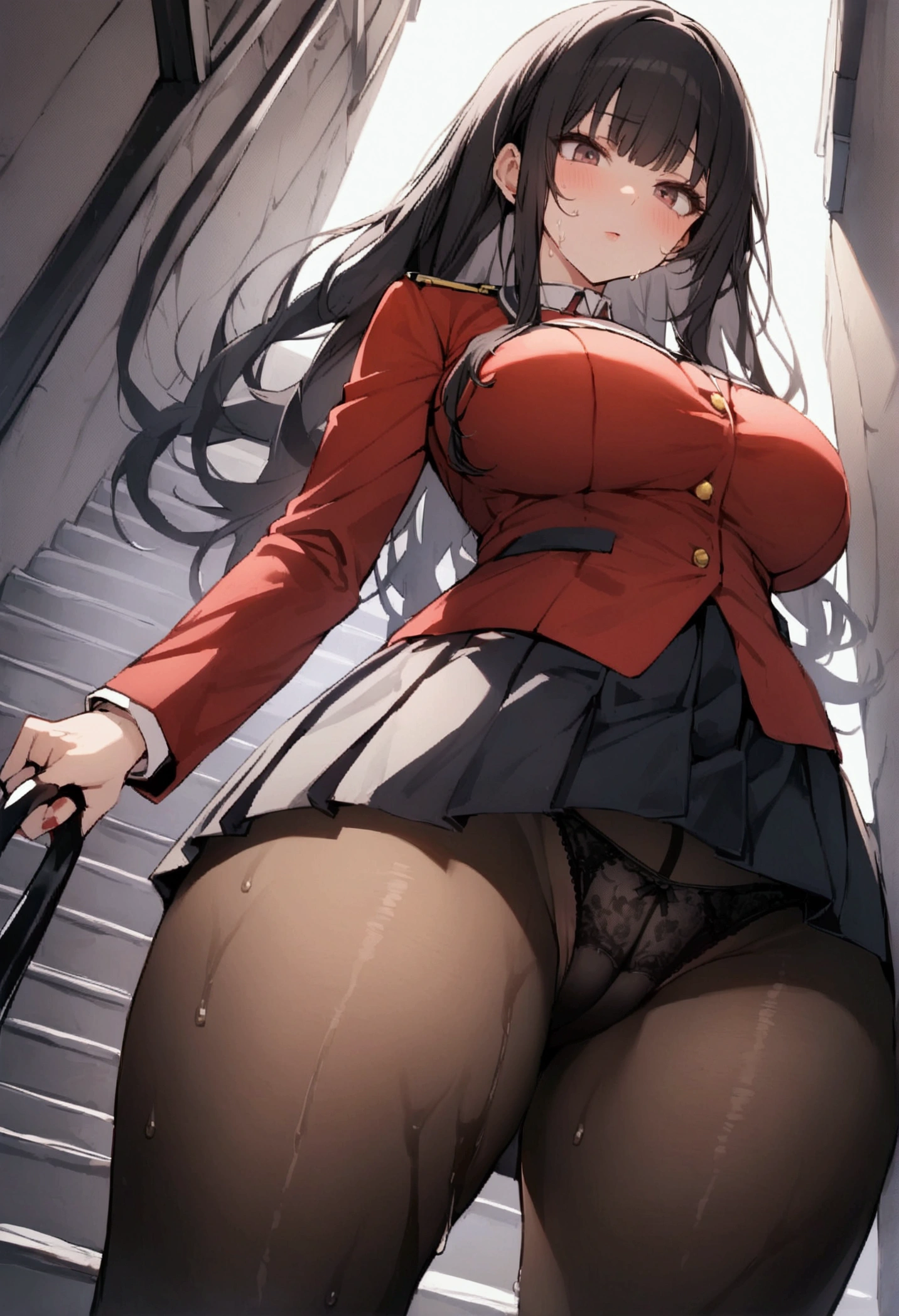 One Woman、beautiful girl, Highest quality, Thick thighs、Big Ass 、Big Breasts、Black Hair、Long Hair、Bangs、Red Blazer Uniform、Angle from directly below、Intimidating attitude、School、Many students behind、The gesture of pulling up the hair、Short pleated skirt、Black Pantyhose、Black panties under pantyhose、walk、Climbing the stairs、Schoolの階段、Angle from directly below、Sweaty pantyhose