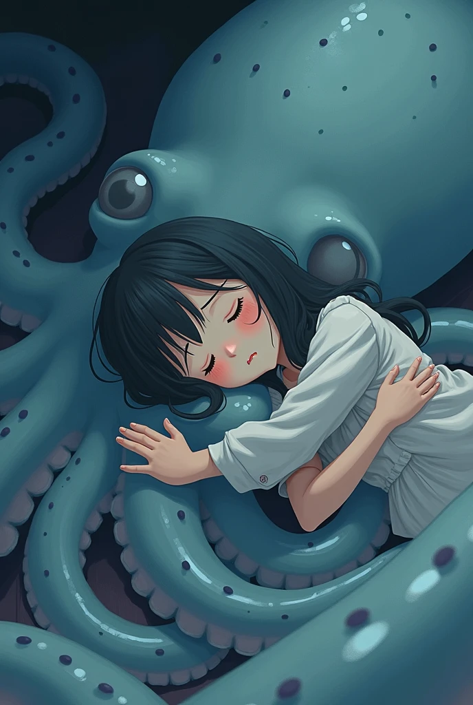 A girl hugging a giant octopus, You can see the girl's face closer but hugging the octopus with tired eyes and in anime style