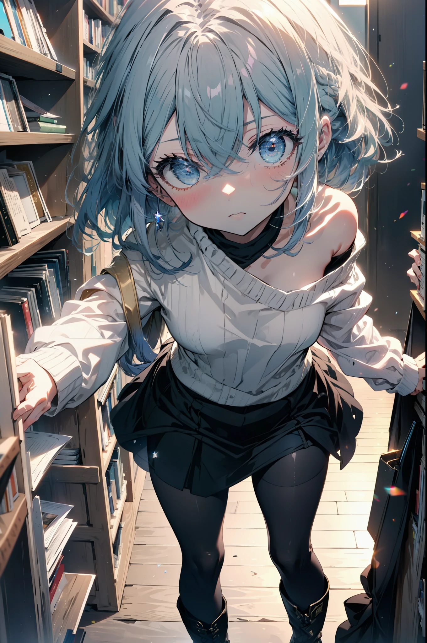 Roxymigurdia, Roxy, Ahoge, Black Ribbon, blue eyes, Blue Hair, Braiding, Hair between the eyes, Hair Ribbon, Long Hair, twin Braidings, very Long Hair, Blue one-shoulder sweater,mini skirt,black tights,short boots,Book with both arms　Holding a spell book,Grimoire,Are standing,Bookshelf,There is a spellbook on the table,whole bodyがイラストに入る,
break looking at viewer,whole body,
break indoors,figure書館,
break (masterpiece:1.2), Highest quality, High resolution, unity 8k wallpaper, (figure:0.8), (Beautiful attention to detail:1.6), Highly detailed face, Perfect lighting, Highly detailed CG, (Perfect hands, Perfect Anatomy),