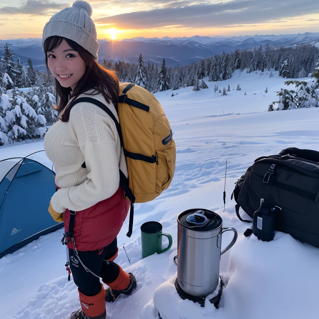 Winter mountaineering,With a spectacular view from the summit,Beautiful sunrise,Remove the beam from above,Backlight,Generate images of beautiful women from around the world,Especially while reflecting elements of Western beauty.A woman with a natural smile and attractive facial expression,Clear Skin,Eyes sparkling,Expresses an elegant atmosphere,(Emphasize large breasts:1.3),alone, Backpack,Knitted hat,White sweater,gloves,Mountain boots,Water bottle,Camping stove,kettle,Mug,One-person tent,A strong wind is blowing,Blizzard,Hair blowing in the storm,(8K quality,Tabletop,Highest quality,Ultra-high resolution output images,),(Highly detailed raw photos:1.3),(Picture Mode Ultra HD),