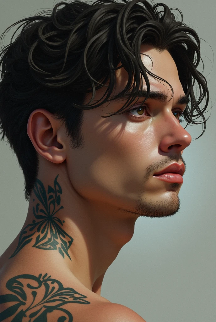 Could you draw me a portrait of a man who has a butterfly tattoo on the back of his neck?