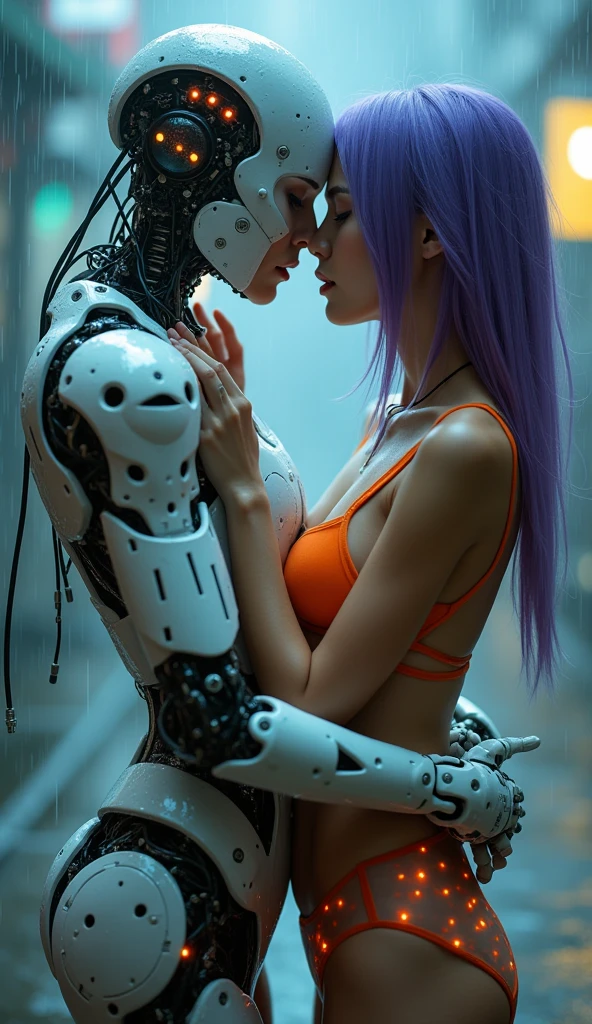 Female Cyborg, with bionic arms and legs,, under the rain, usando lingeries transparentes income na cor lilás, kissing a japanese girl with purple hair, wearing transparent orange lingerie, income., high quality, (RAW photo, best quality), (realistic, photorealistic: 1.4), (extremely delicate and beautiful: 1.4), amazing, fine details, masterpiece, ultra detailed, high resolution, best illustration, best shadow, intricate, ( extremely intricate: 1.2), (exquisitely detailed skin), cinematic light, perfect anatomy, (cool color: 1.4), sharp focus, 8k UHD, DSLR, (Fujifilm XT3),(85mm F/1.4), (iluminación cinematográfica :1.4),( estilo encaje lingerie :1.4),( cyborg mecánica white plastic transparent translúcida :1.4), (nsfw:1.4 ),(nsfw V2.1), Mechanical vertebrae attached to the back, mechanical cervical attachment to the neck, alambres y cables que se conectan a la cabeza, Evangelion, small bright LED lamps