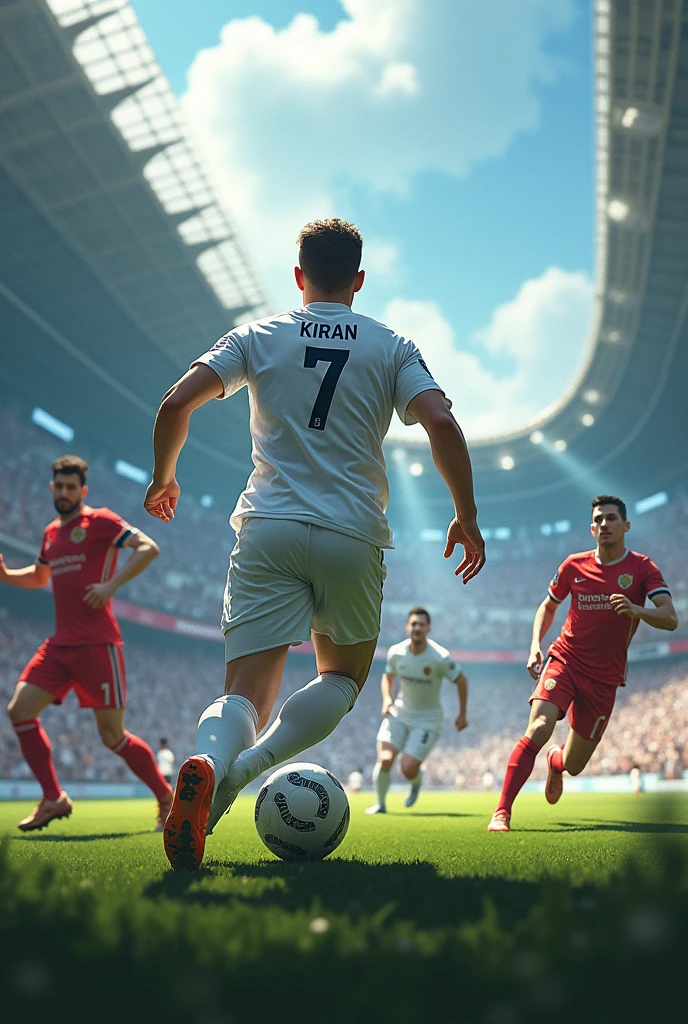 Football match in a stadium with a top view and one player in num 7 white jersey with name kiran in background running and other players are playing in the background 