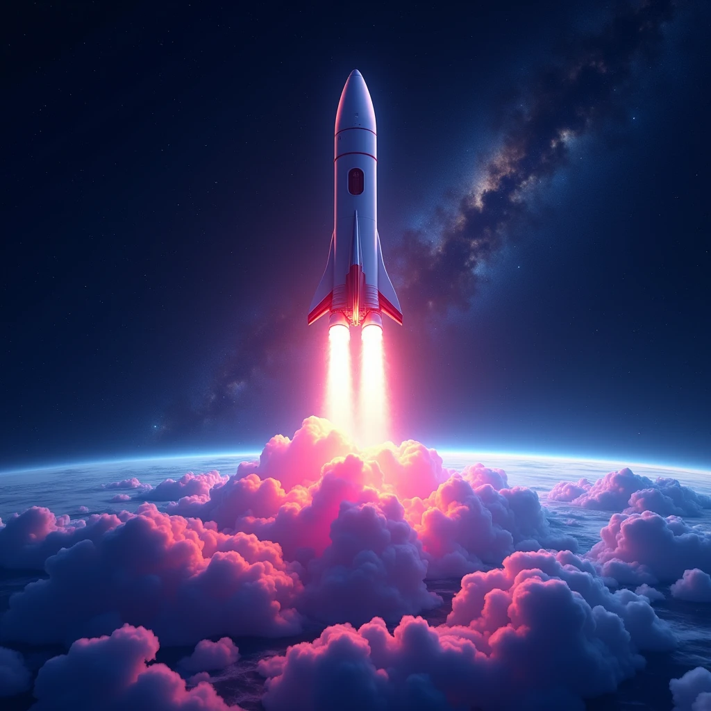 Generate an image of an Indian rocket soaring through space, with Earth visible below. India should be clearly recognizable on the Earth's surface. The rocket should be prominently displayed, surrounded by a vast expanse of space. The majority of the image should be filled with a neon-colored nebula, featuring vibrant, swirling clouds of blue, pink, and purple hues, giving the scene a futuristic vibe. The nebula should emit a glowing light, contrasting with the dark space background. Stars and distant galaxies can be faintly visible, but the neon nebula should dominate the scene. Ensure there is strictly no text in the image.