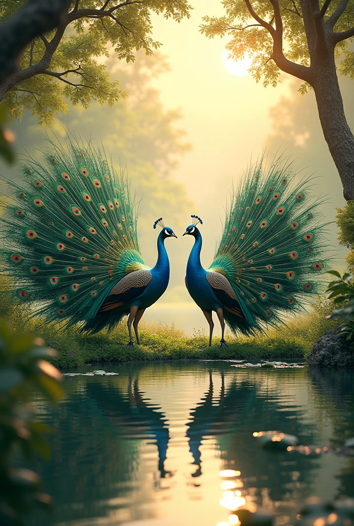 Peacocks dancing in beautiful background 