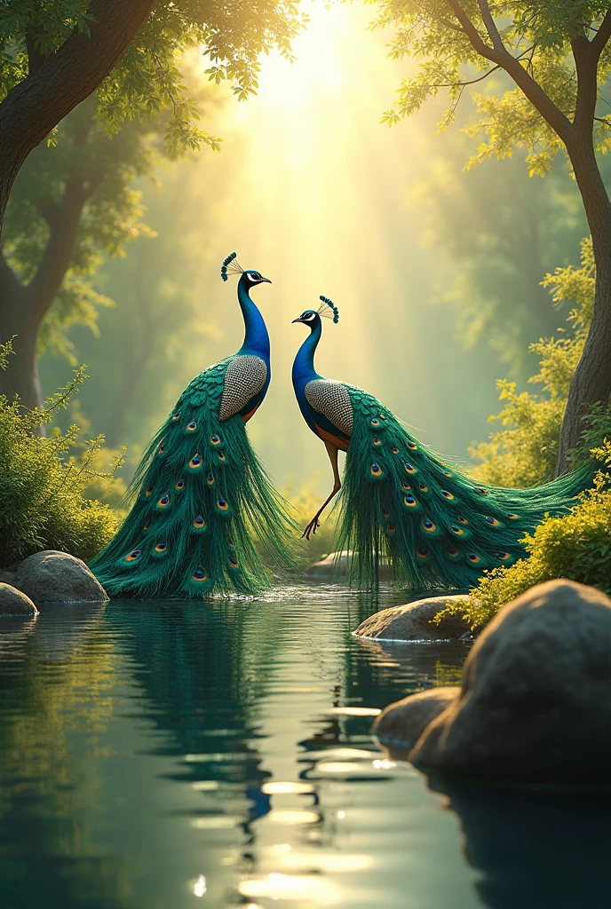 Peacocks dancing in beautiful background
